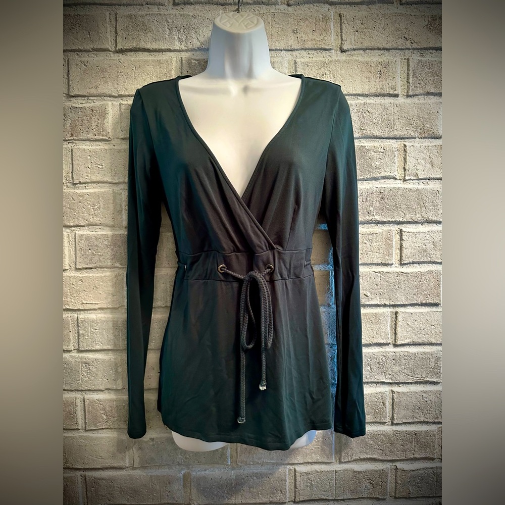 Patty Boutik v neck empire waist shirt. Hunter green with matching rope belt